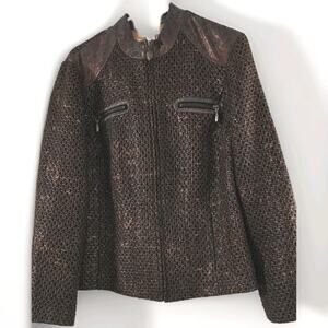 Chico’s Women’s 2 Lg 12 Brown Tweed Metallic Full Zip Lined Moto Style Jacket